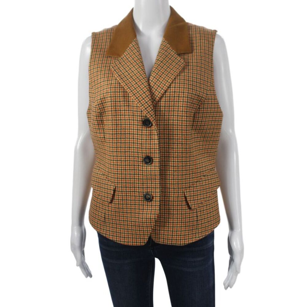 Laurel Womens Brown Check Collared Sleeveless Wool Vest Button Size 42